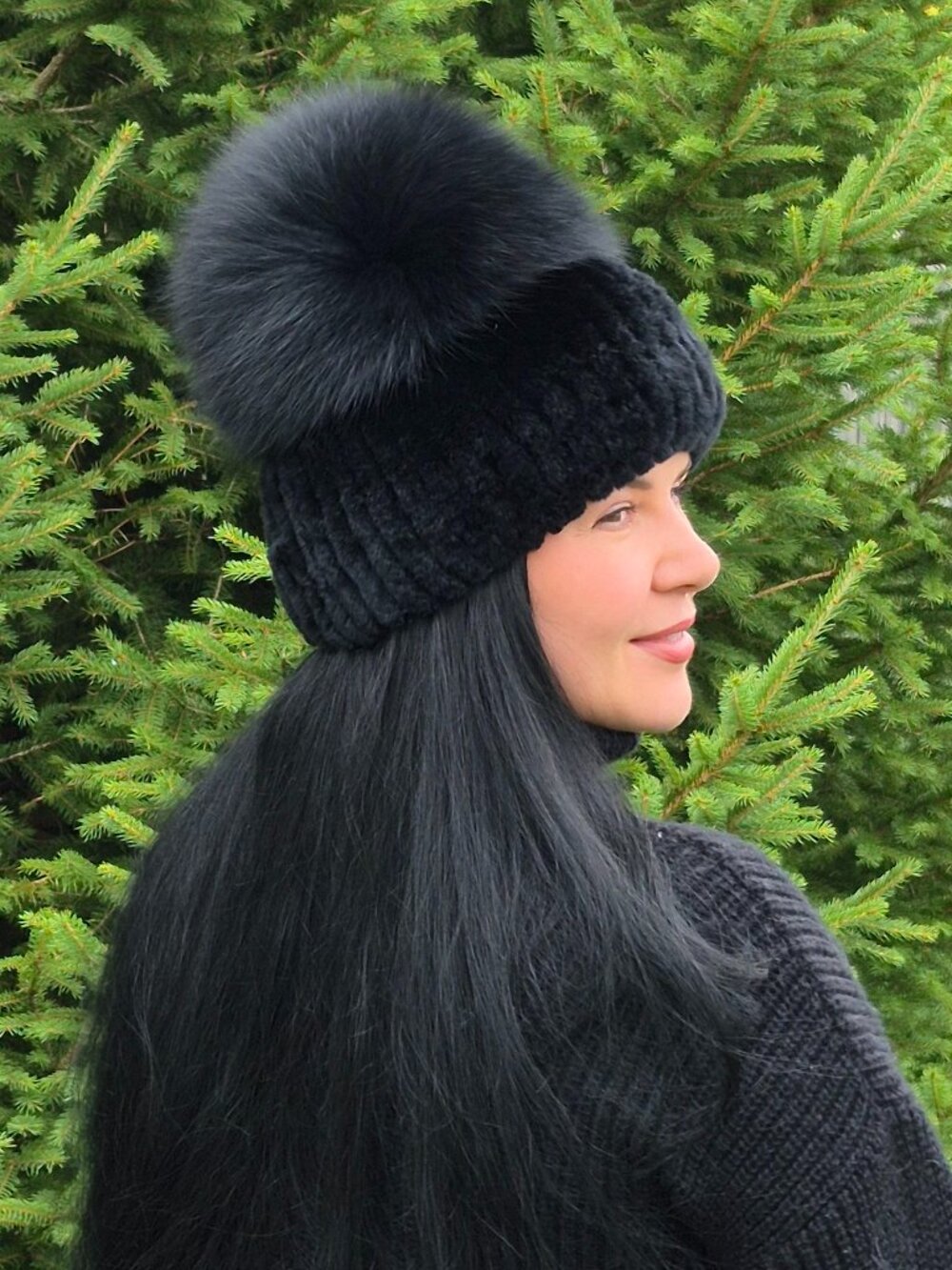 Black Real Rex Rabbit Fur Warm Winter Beanie with Real Fox Fur Voluminous Crown
